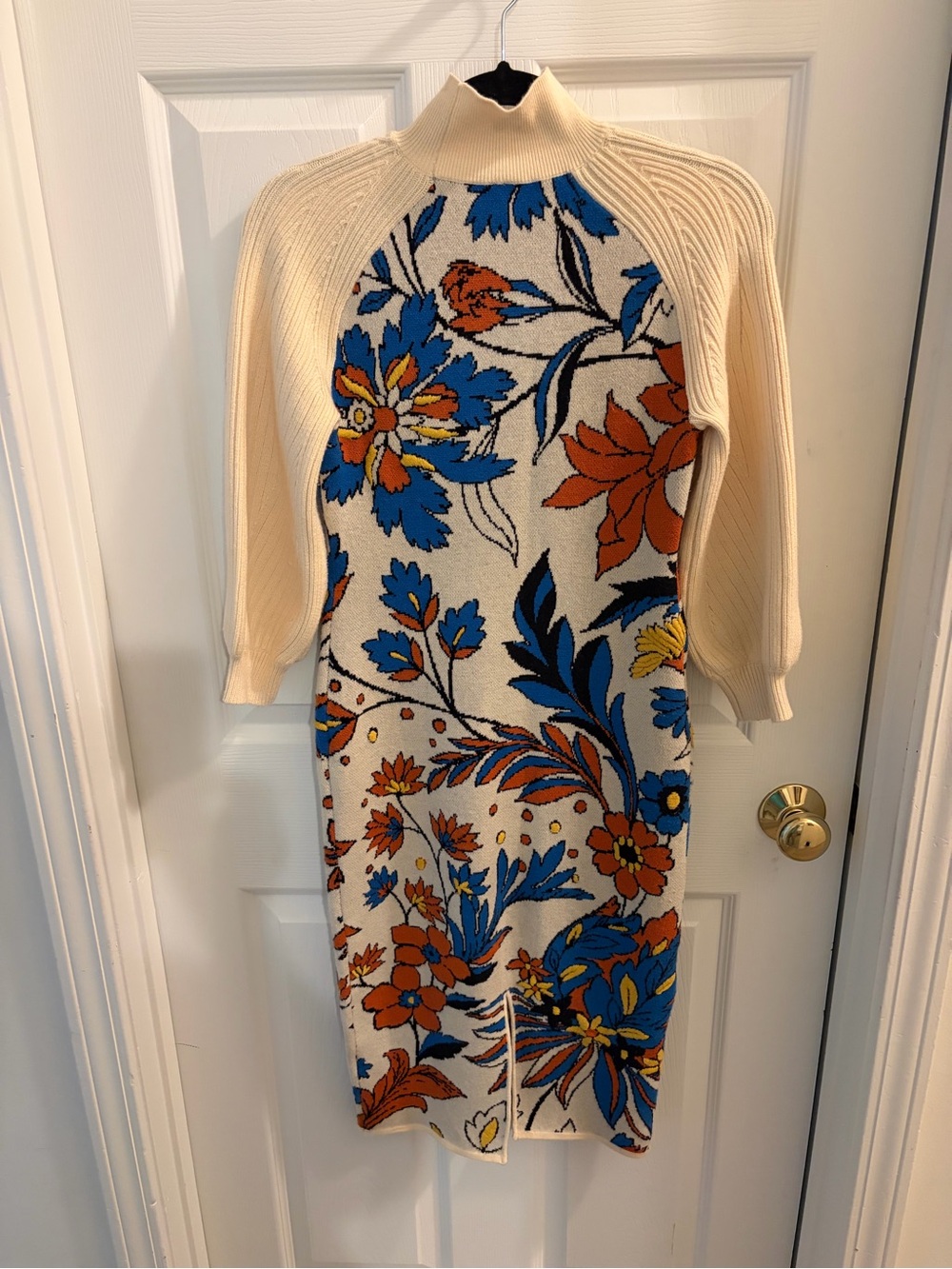 Anthropologie Cream Midi Dress with Blue & Rust Floral Print